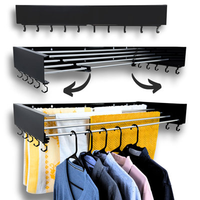 Wall Mounted Laundry Drying Rack, Retractable & Foldable, 31.5" Wide, 13.2 Linear Ft, 5 Heavy-Duty Aluminum Rods, 60 Lb Capacity, Space-Saving Design, Easy Installation, Indoor/Outdoor (Black)