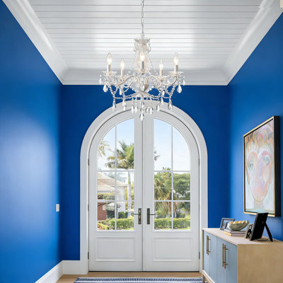 Lustre en cristal 5 lumières AMZASA avec détails en céramique blanche et plat en verre, luminaire suspendu réglable pour la salle à manger, la cuisine, le vestibule et les médaillons de plafond