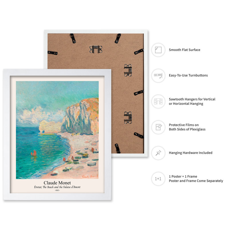 Claude Monet - Plage et Falaise d'Amont, 08"H x 10"W, Poster, White Framed