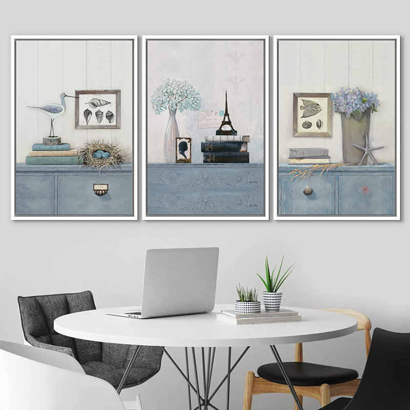 "Light Blue Nautical", "Calm and Peaceful Still Lifes", impression sur toile encadrée 3 pièces, Blanc