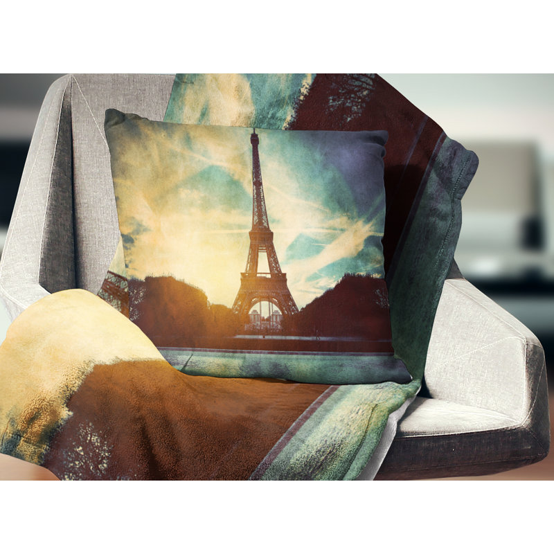 Tour Eiffel de Paris - Style rétro - Coussin imprimé paysage urbain, 18 po x 18 po, Coussin décoratif