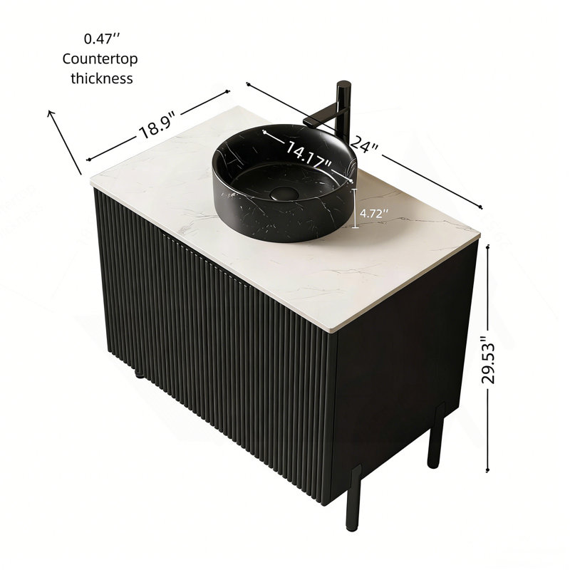 Meuble-lavabo de salle de bain 24 po avec lavabo, meuble de rangement autoportant avec 2 portes, lavabo rond en céramique noire avec motif en pierre et comptoir en pierre frittée blanc de Carrare, sans robinet, couleur noire