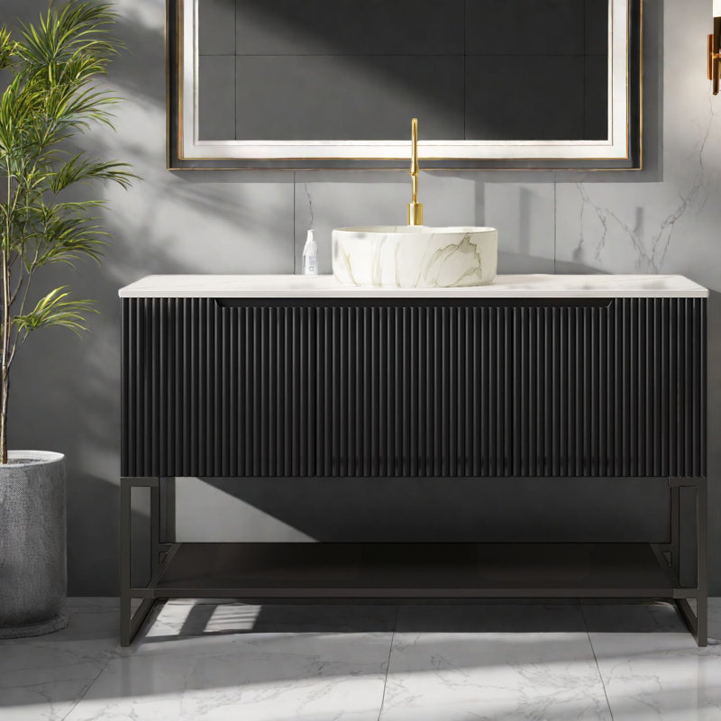 Meuble-lavabo moderne de 48 po avec rangement, panneau de fibres à densité moyenne et pierre frittée, lavabo brillant pour la maison