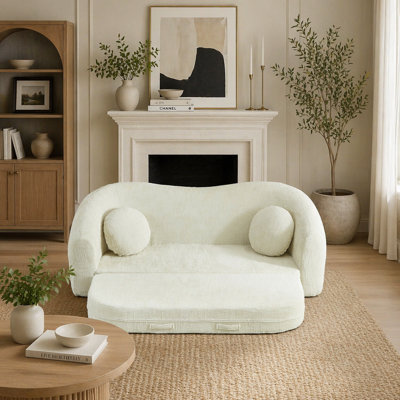 Canapé inclinable convertible de 86 pouces incurvé, canapé-lit pliant sans cadre 2 en 1 avec base coulissante et siège profond, canapé inclinable en chenille à deux places, aucun assemblage requis beige