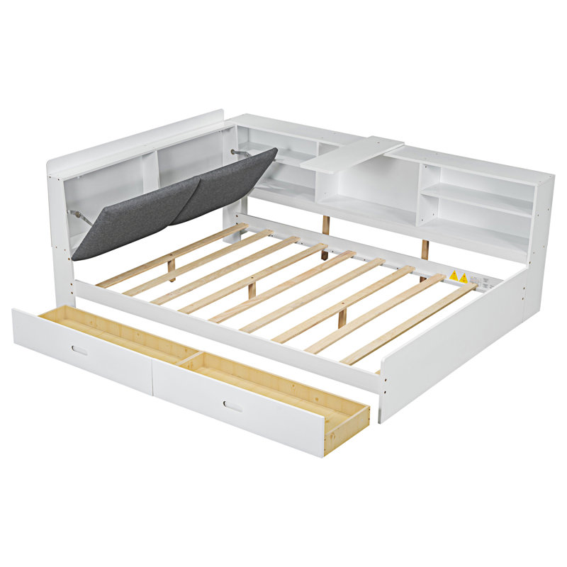 Lit plateforme en bois avec tête de lit, tablettes et 2 tiroirs, Blanc