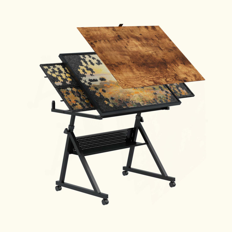 1500-Piece Adjustable Jigsaw Puzzle Table – 4 Felt Sorting Trays, Height & 16-Angle Tilt, Lockable Wheels, Wooden Protective Cover, Metal Frame Gift for Adults