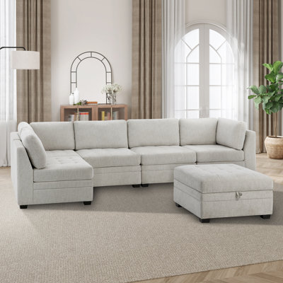 Dixon Fabric 6 Piece Modular Sectional Set, Cream