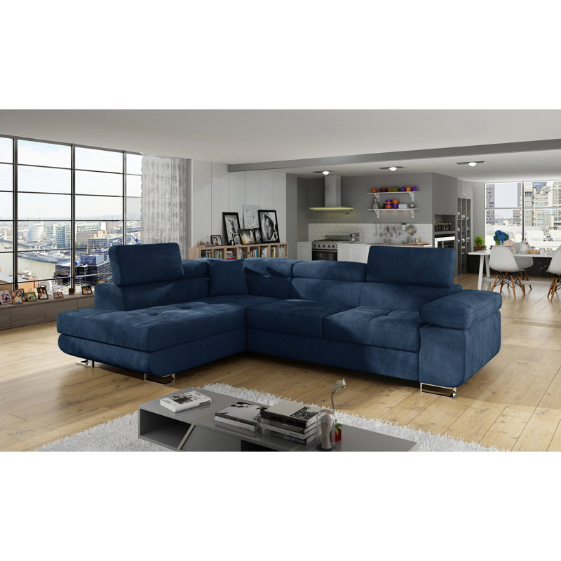 Leffel 3 Seater Velvet Sofa Bed, Blue, Left Hand Facing