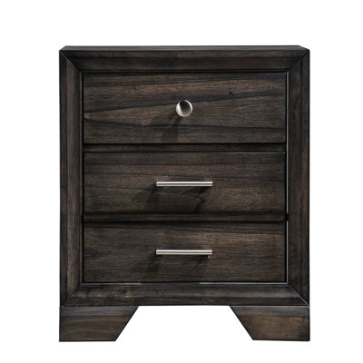 Contemporary Bedroom Nightstand With 3 Drawers, Dark Gray Solid Wood Finish And Metal Glides 3 Nightstand, Decor Smooth
