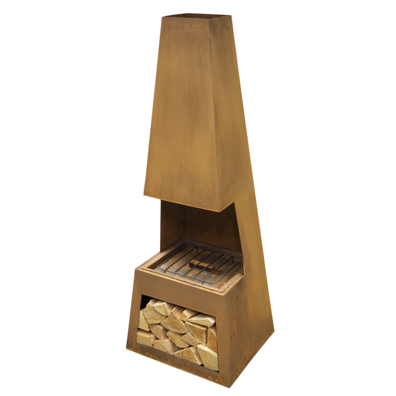 Gebkea Square Steel Wood Burning Smokeless Chimnea, Corten Steel