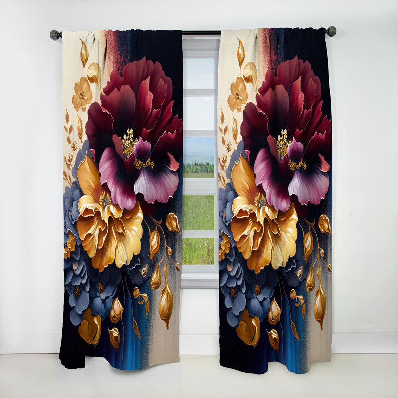 Burgundy And Blue Floral Bunch II - Floral Blackout Curtain - 1 Panel, 52" W x 108" L