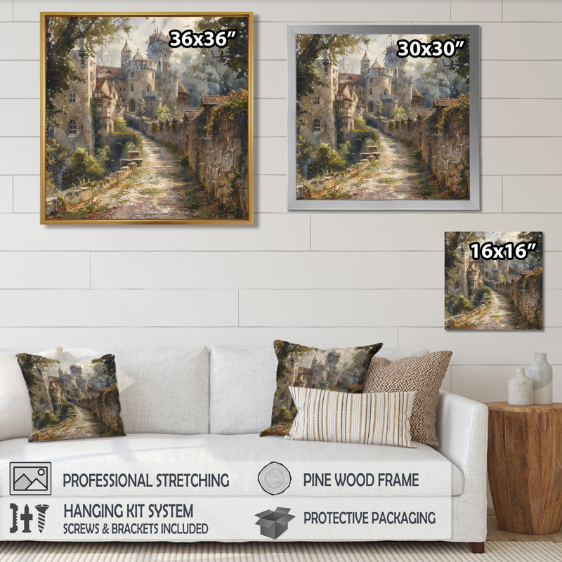 Beige Brown Medieval Stronghold Fortress I - Fortresses Wall Decor, Toile avec cadre flottant or