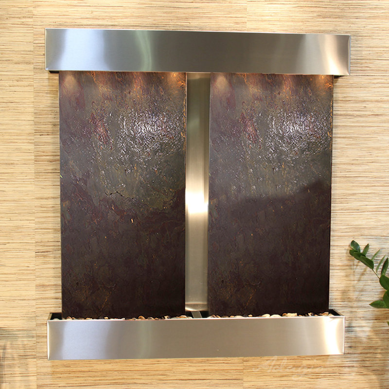 Aspen Falls Wall Fountain with Light, Multi-Color Feather, Stainless Steel