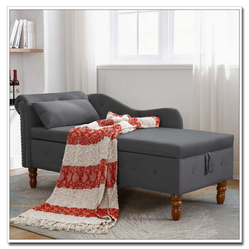 Chaise longue en velours avec rangement, coussin et garniture cloutée, Noir