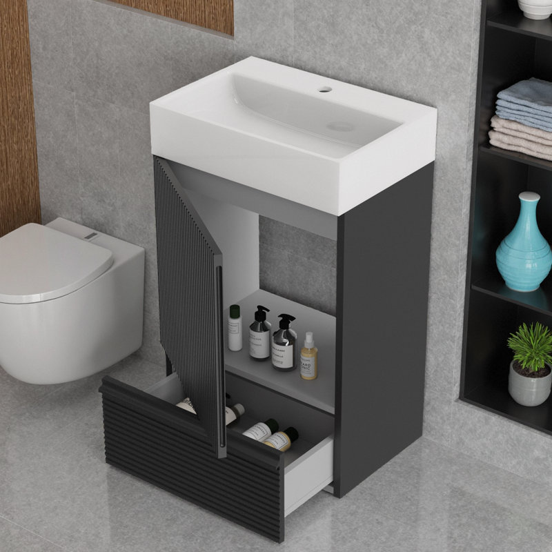 Meuble-lavabo autoportant rayé noir mat 20 po Gada - 1 porte et 1 tiroir de rangement