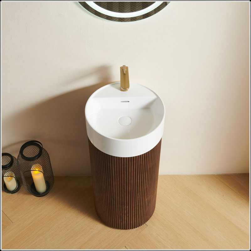 Meuble-lavabo cylindrique autoportant avec lavabo à surface solide blanc, grain de bois noyer, sans robinet et ensemble de bonde