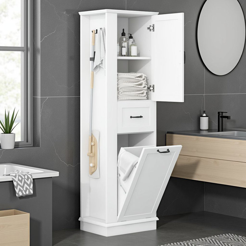 67.8" H Freestanding Bathroom Cabinet With Tilt-Out Hamper, Adjustable Shelves & Side Hooks, White