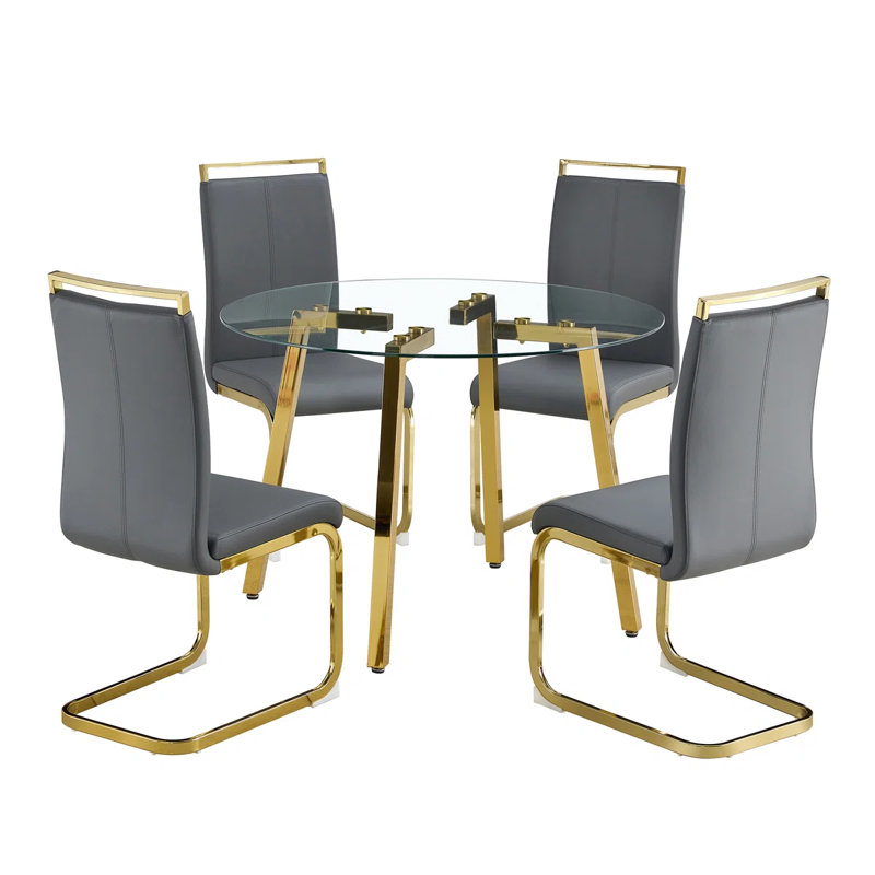 Modern Glam 5-Piece Round Tempered Glass Dining Table Set with Gold Base and Cantilever Chairs, Dark Gray, Gold