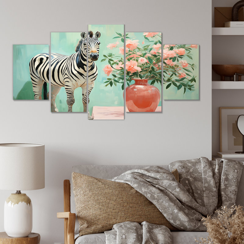 Rose et vert floral zèbre IV - art mural multi-panneaux zèbre