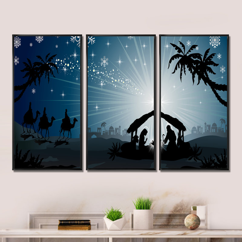 Crèche de Noël avec trois rois mages - Ensemble de 3 reproductions encadrées sur toile, H 28 po x l 36 po