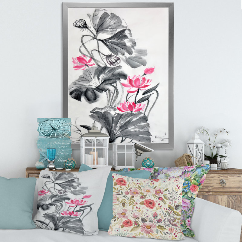 Fleur de lotus rose rétro - reproduction sur toile, H 32 po x l 24 po x P 1,5 po, Toile avec cadre argenté