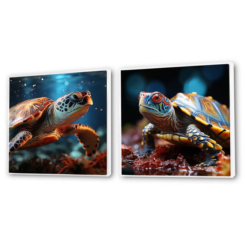 Abstract Harmony - Ensemble de 2 collages carrés tortue, Cadre flottant blanc, H 36 po x l 73 po