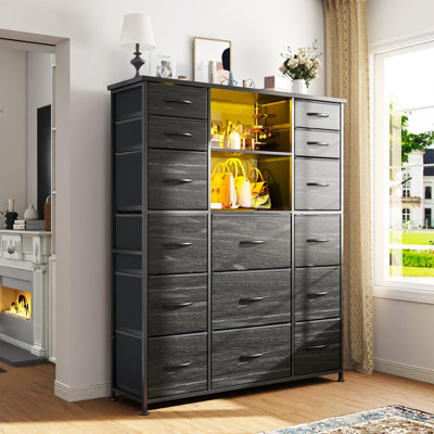 51"H - Fabric Drawers Tall Dresser With 2 Open Shelves,  Bedroom Dressers With Charging Station & Led Lights