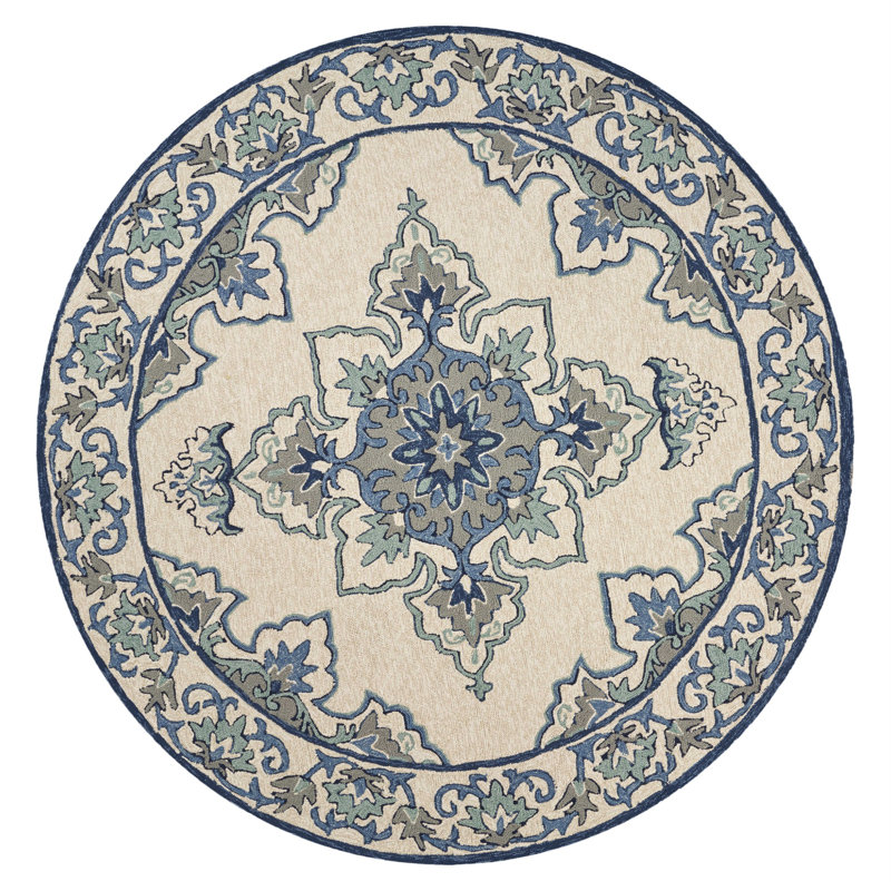 Tapis damassé intérieur ivoire et bleu Glormarie, Rond 7 pi 6 po
