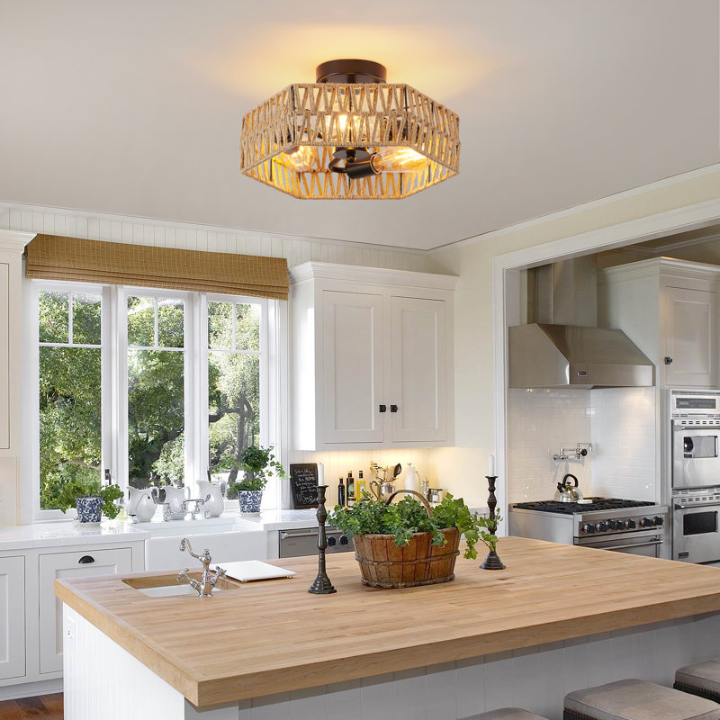 Semi Flush Mount Rattan Ceiling Light Fixture
