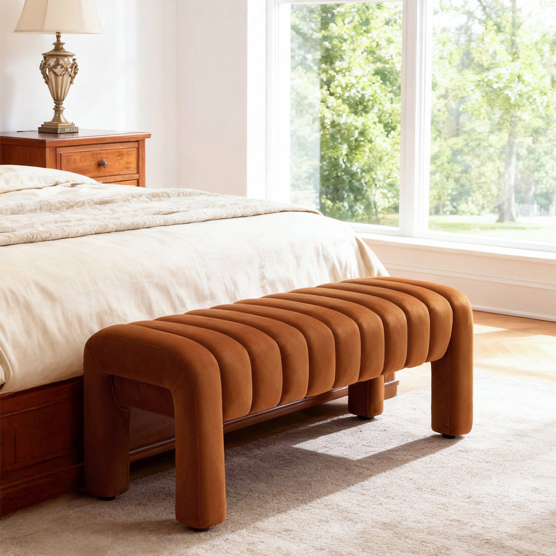 Banc rembourré sans dossier Oyan, H 17 po x l 43,3 po x P 17,3 po, Velours brun