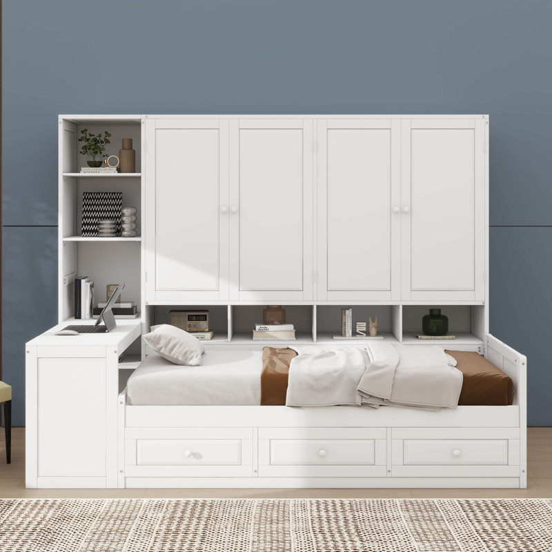 Lit de jour en bois avec trois tiroirs, rangement combiné, bureau et système d'étagères, Simple, Blanc