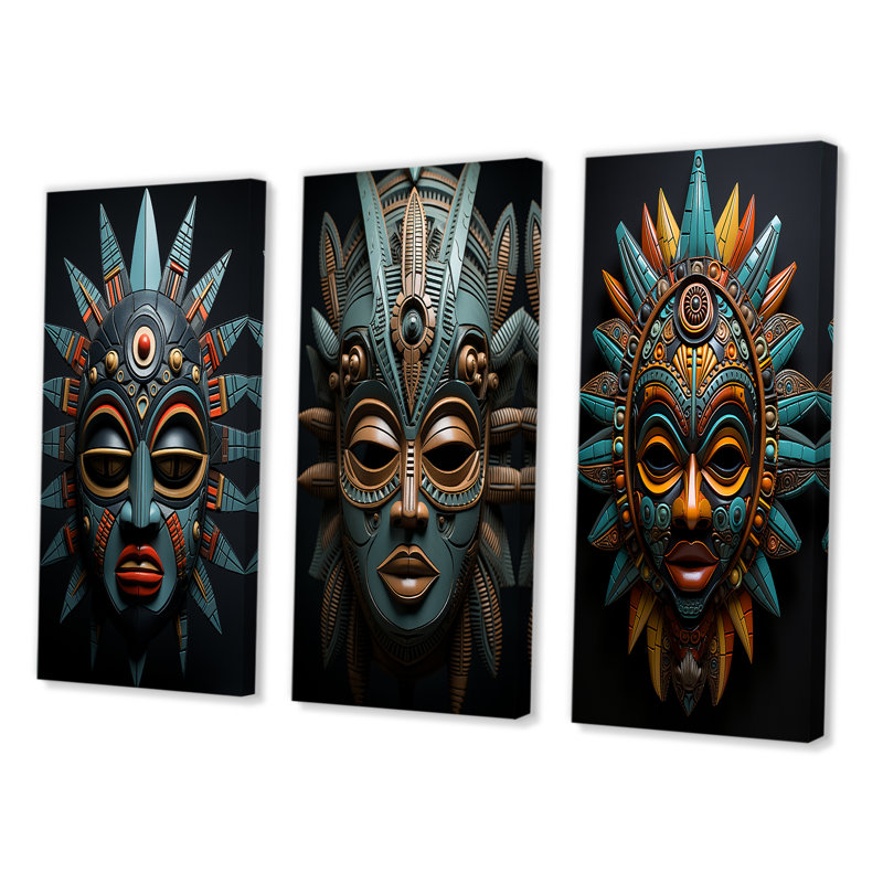 "Masque tribal africain Chokwe", 3 pièces sur toile, Toile tendue, H 28 po x l 36 po
