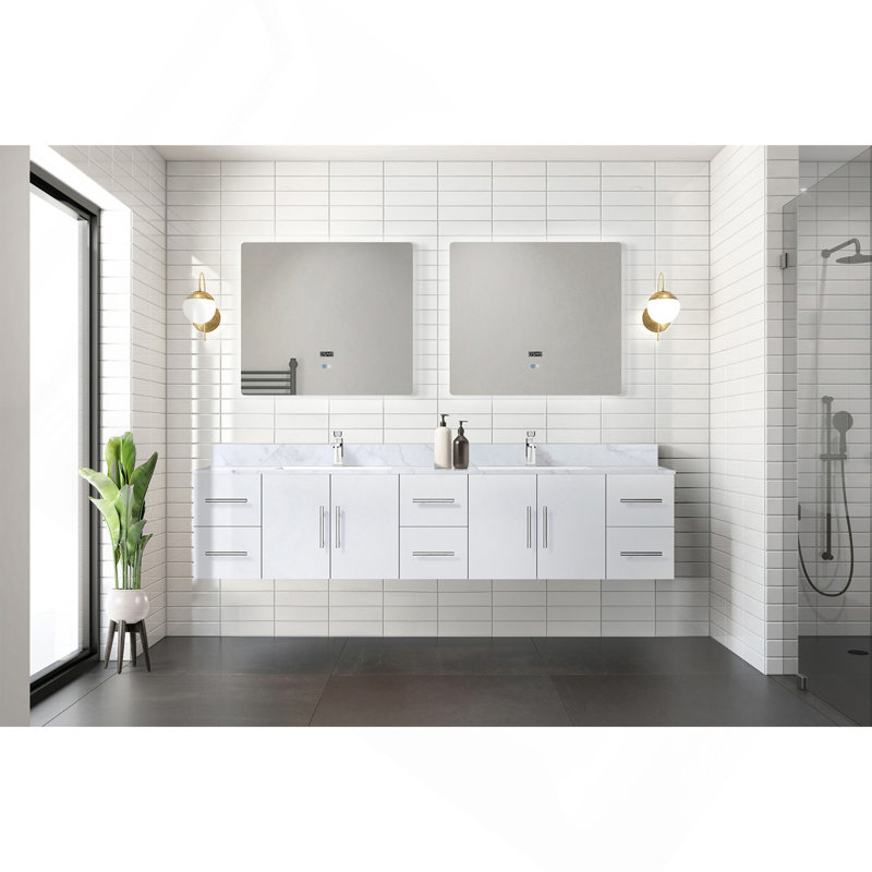 Meuble-lavabo double blanc lustré 84 po X P 22 po D, avec plateau en marbre de Carrare, Blanc lustré