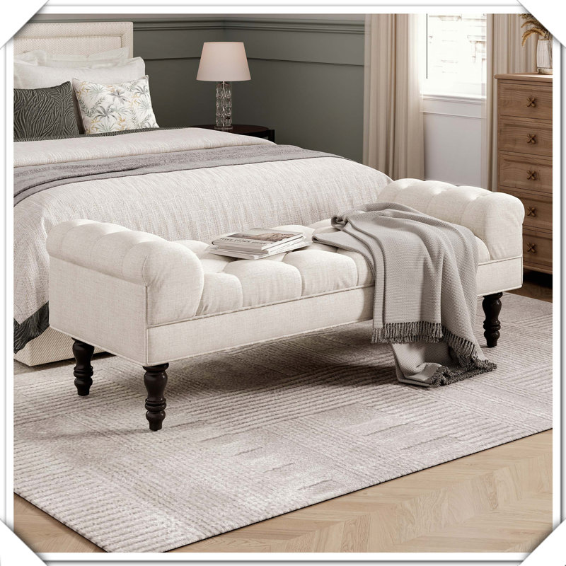 Repose-pieds capitonné à boutons avec accoudoirs roulés, repose-pieds pratique, élégant et fonctionnel, Beige, Noir