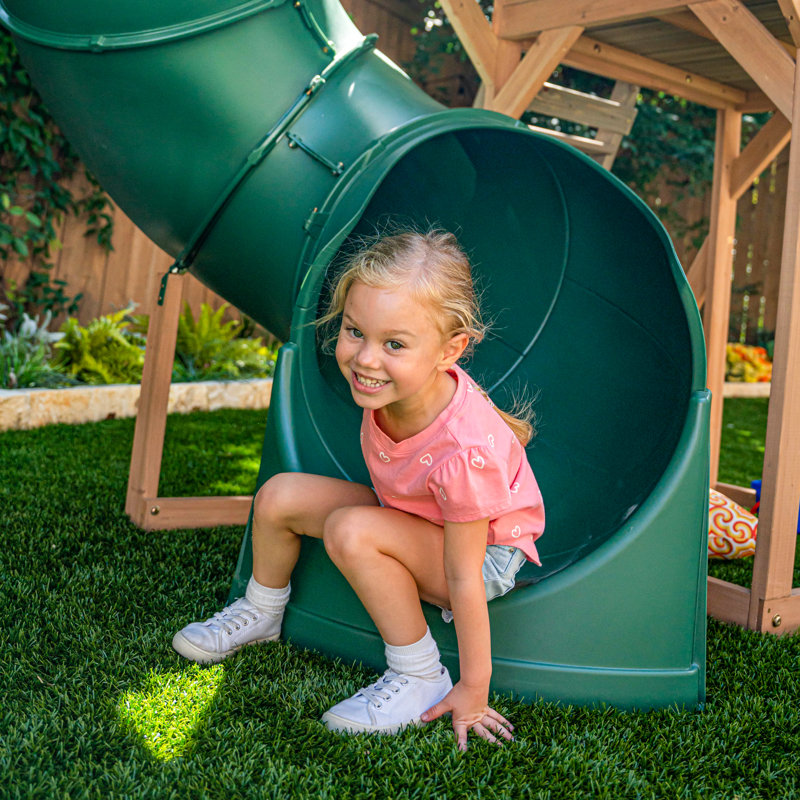 Skyway Resort Wooden Outdoor Swing Set / Playset with Tunnel, Tube Slide and Swings