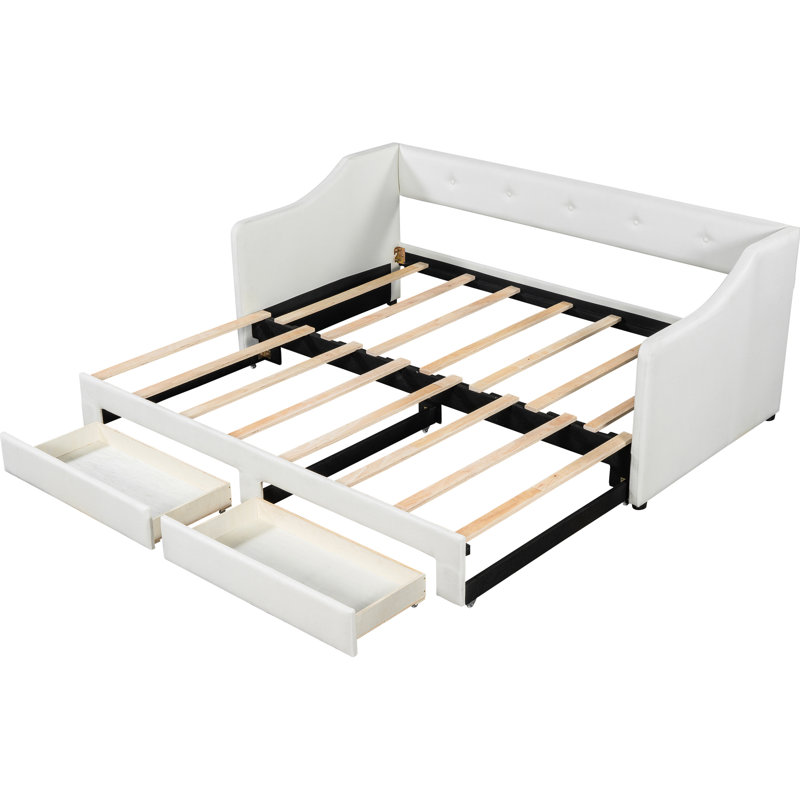 Lit de jour rembourré beige TG avec très grand lit avec tiroirs, tiroirs à boutons et surfaces arrières, siège confortable avec rangement, lattes en bois