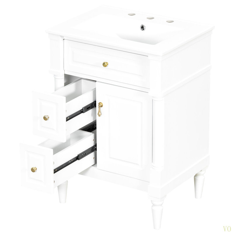 Armoire de salle de bain autoportante 24 po avec lavabo 24 po avec tiroir rabattable, tablette réglable, structure en bois d'hévéa massif, panneaux de fibres à densité moyenne et poignées en métal