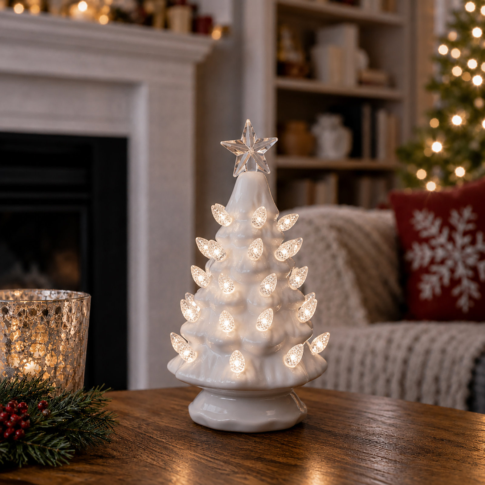 Lighted Ceramic Christmas Tree, White, 6.75" H x 3.5" W x 3.5" D