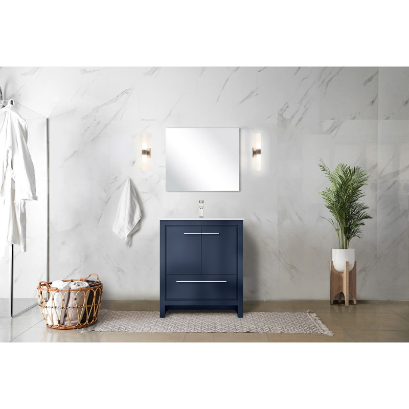 Meuble-lavabo bleu marine l 30 po x P 20 po avec comptoir en quartz blanc et miroir de 28 po à fermeture en douceur, surface rayée, beaucoup d'espace de rangement