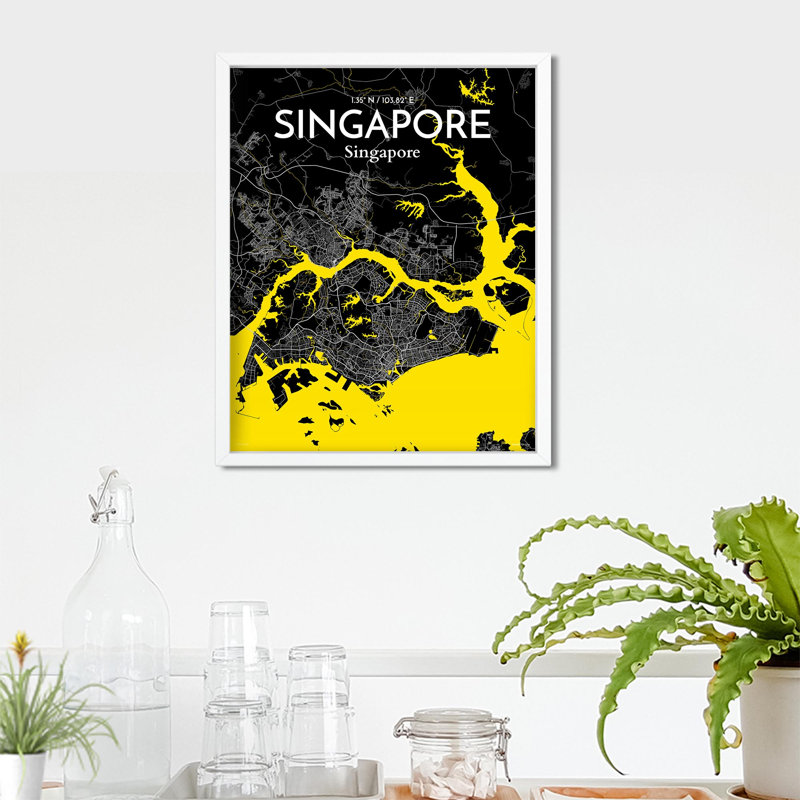 Carte de la ville de Singapour, impression, Noir/jaune, H 20 po x l 16 po