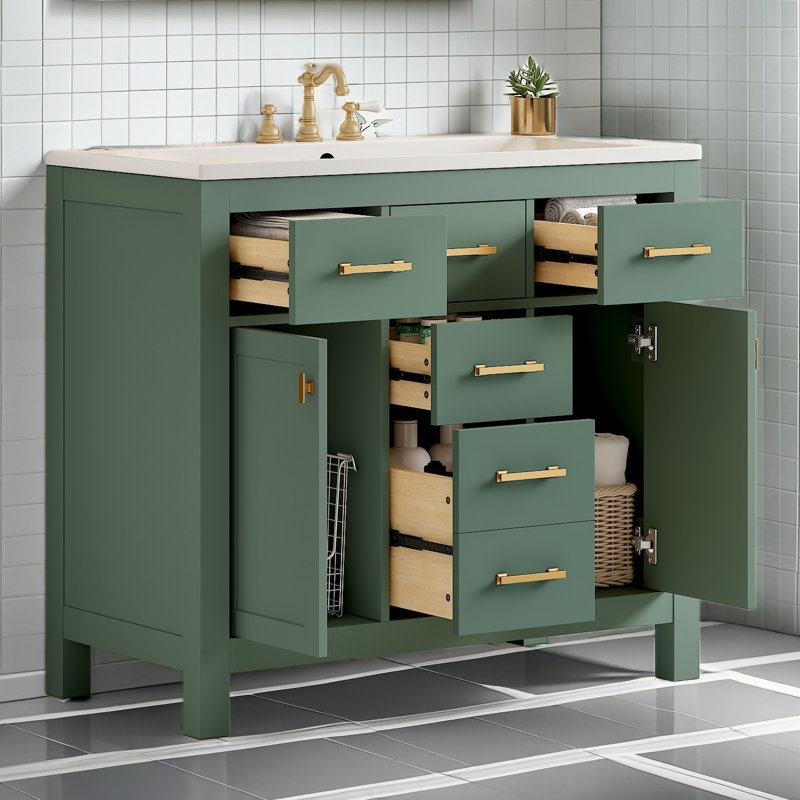 Meuble-lavabo simple 36 po avec 4 tiroirs et 2 armoires, armoire de rangement pour la salle de bain, meuble-lavabo avec cadre en bois massif seulement (meuble-lavabo inclus)
