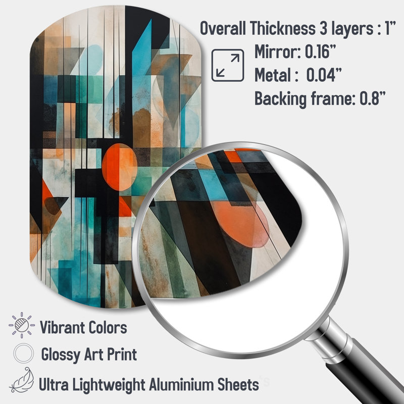 «Orange Abstracted Geometric Explorations I», impression murale géométrique asymétrique en métal, impression d'art moderne cylindrique