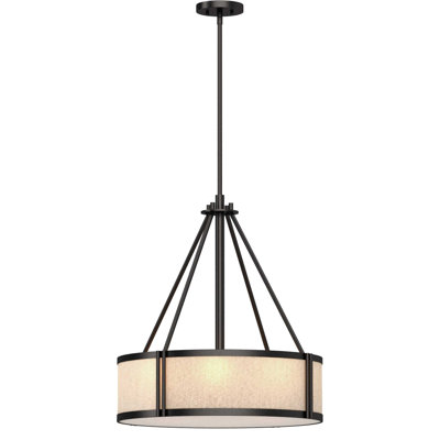 4-Light Indoor Antique Bronze Downrod Pendant with Light Beige Linen Drum Shade and Frosted Lens Bottom