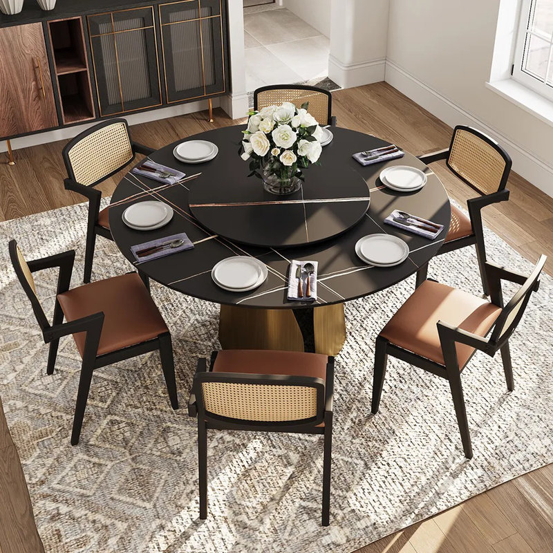 CR039AEH-WFUS1 Modern Round Dining Table with Lazy Susan for 4-6, Sintered Stone Tabletop, Solid Pedestal Carbon Steel Base Pre-Assembly