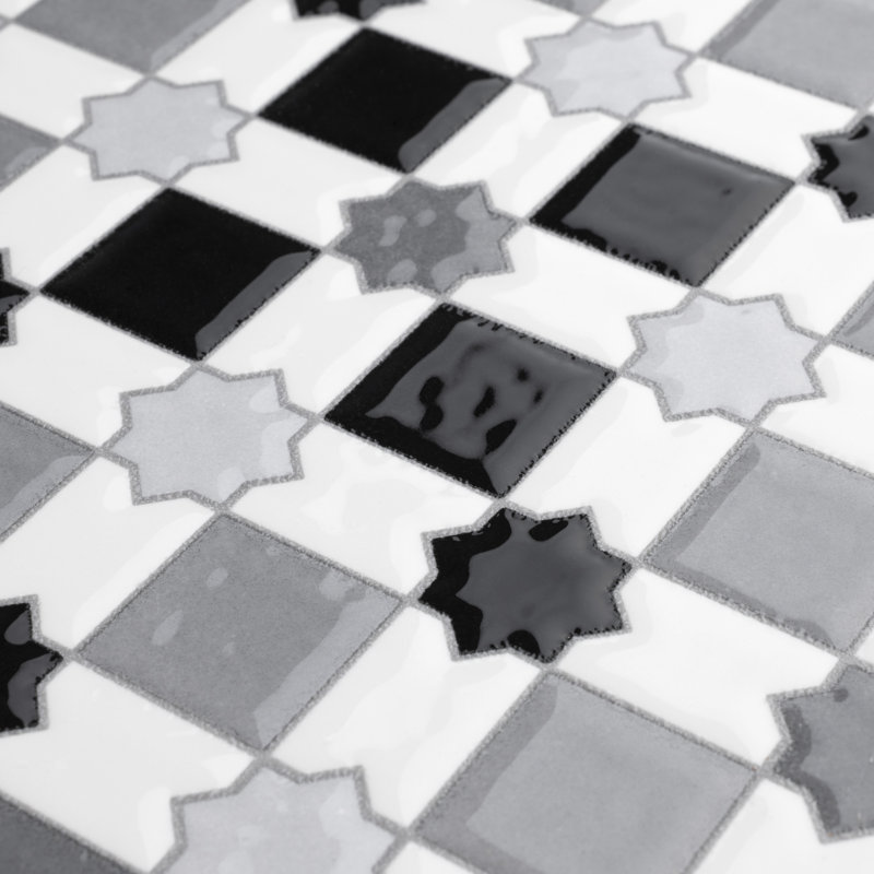 Sevillano Giralda 8" x 8" Ceramic Patterned Tile, Light Gray/White