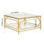 Table basse carrée en verre 33,5 po, structure en métal géométrique dorée, tablette inférieure pour ranger les magazines et les objets décoratifs