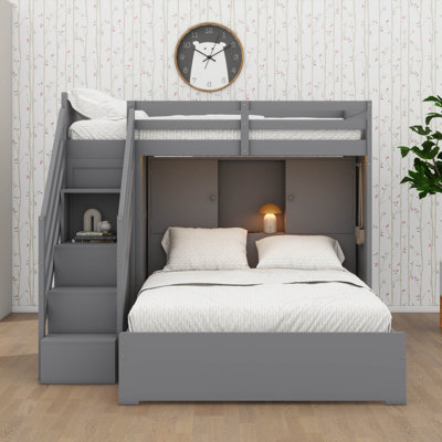 Twin Over Full Bunk Bed With Storage Stairs, Closet, USB & Lighting System