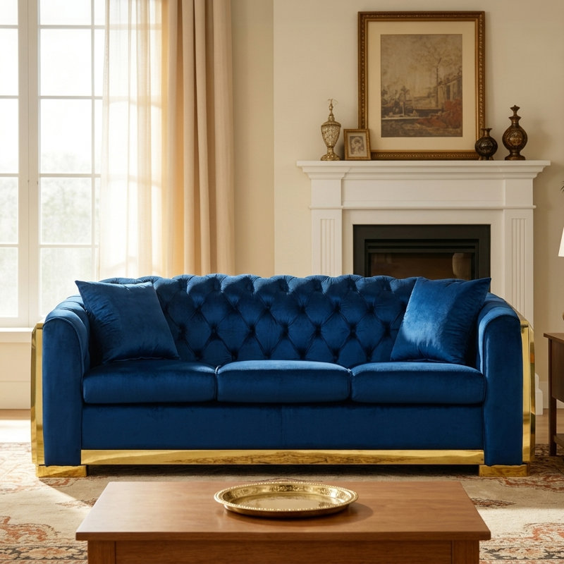Canapé Chesterfield de 84 po en velours capitonné avec 3 coussins de salon, Marine