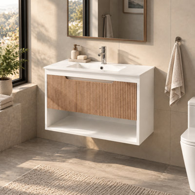 Base de meuble-lavabo flottant 30 po seulement, armoire murale moderne en MDF avec tiroir cannelé et tablette ouverte, blanc / chêne