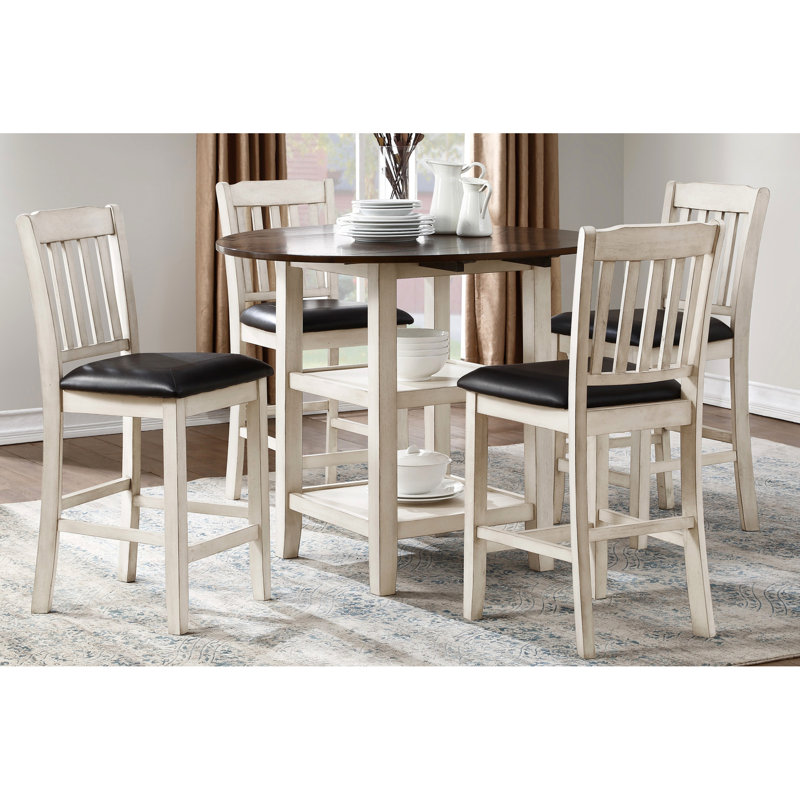 Table à hauteur de comptoir avec aspect bicolore, blanc délavé et cerisier foncé, abattant, 4 sièges blanc et cerisier, 2 tablettes inférieures, sièges pour la maison